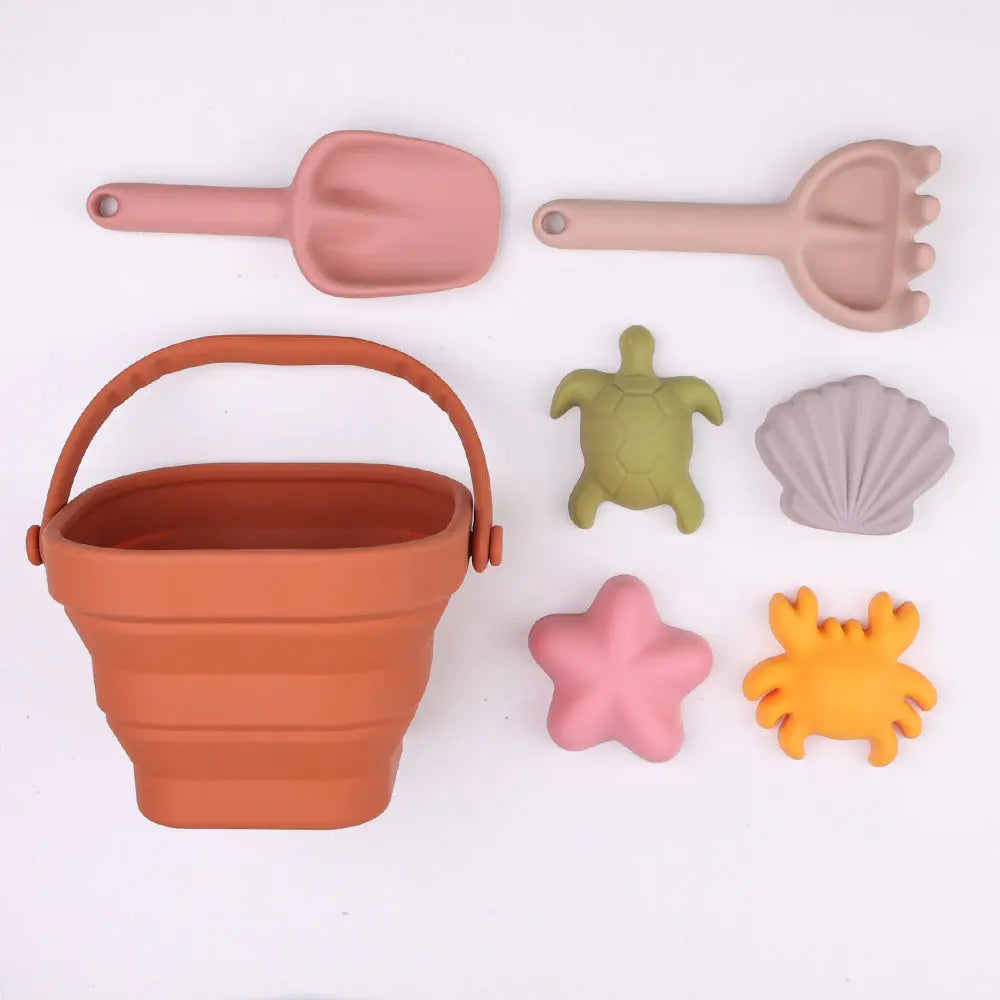 Collapsible Silicone Beach Set — Bucket, Spade, Rake and 4 Sand Moulds, 7 Pieces