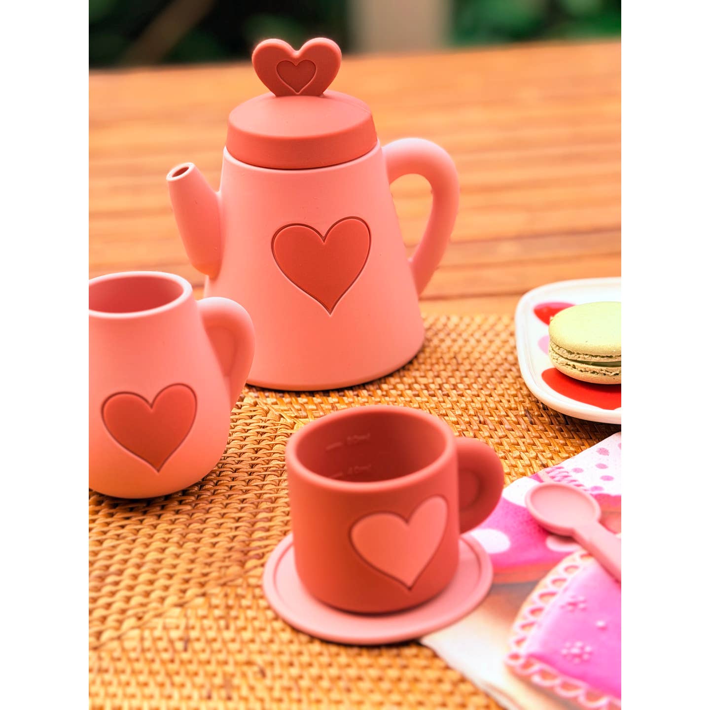 Silicone Tea Set — Teapot, Sugar Pot, Milk Jug, Cup, Saucer and Spoon, Pink