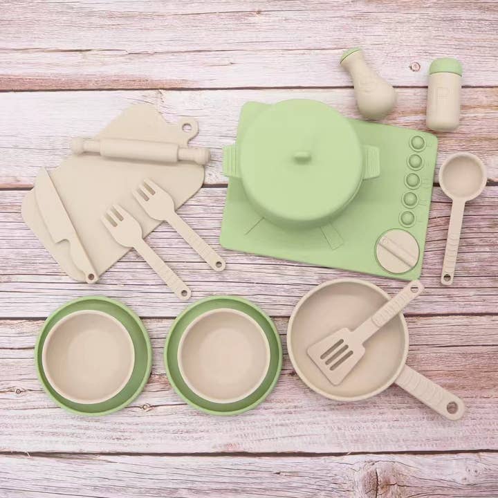 Silicone Toy Kitchen Set — Pot, Pan, Bowls and Utensils, 16 Pieces