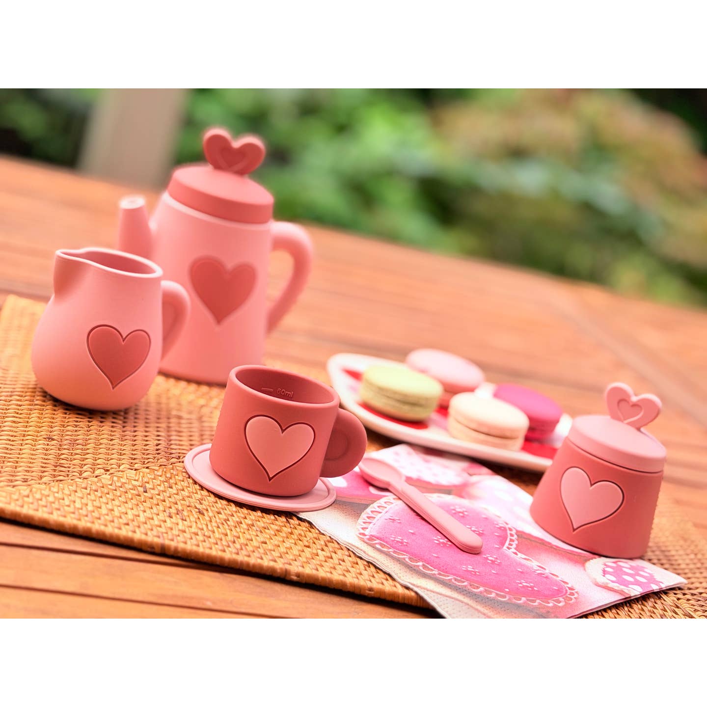 Silicone Tea Set — Teapot, Sugar Pot, Milk Jug, Cup, Saucer and Spoon, Pink