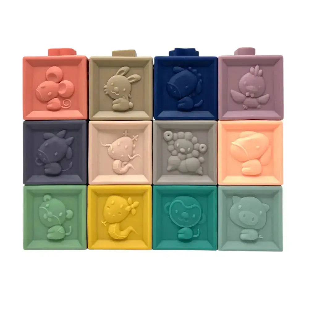 Silicone Baby Blocks — 12 Animals, Soft Stacking Set