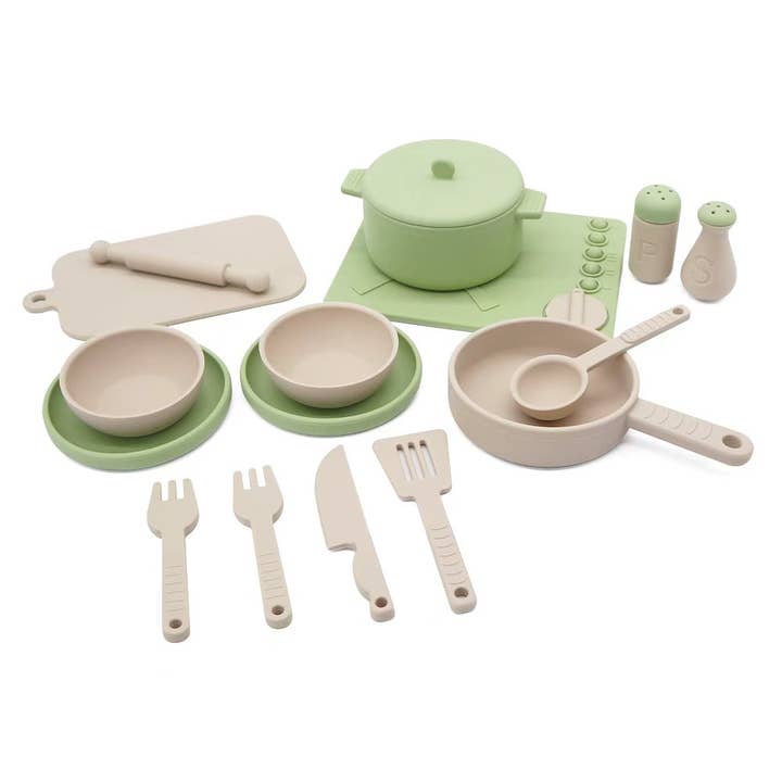 Silicone Toy Kitchen Set — Pot, Pan, Bowls and Utensils, 16 Pieces