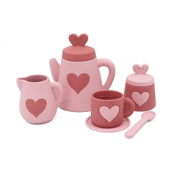 Silicone Tea Set — Teapot, Sugar Pot, Milk Jug, Cup, Saucer and Spoon, Pink