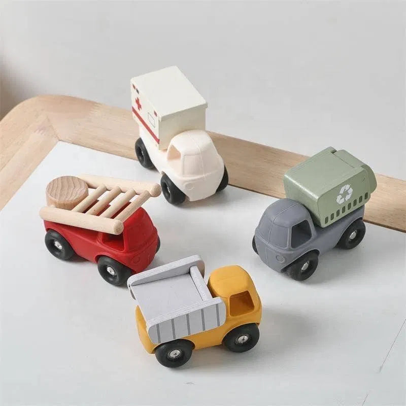 Silicone and Wood Toy Vehicles — Ambulance, Fire Engine, Recycling Truck and Tipper Truck, Set of 4